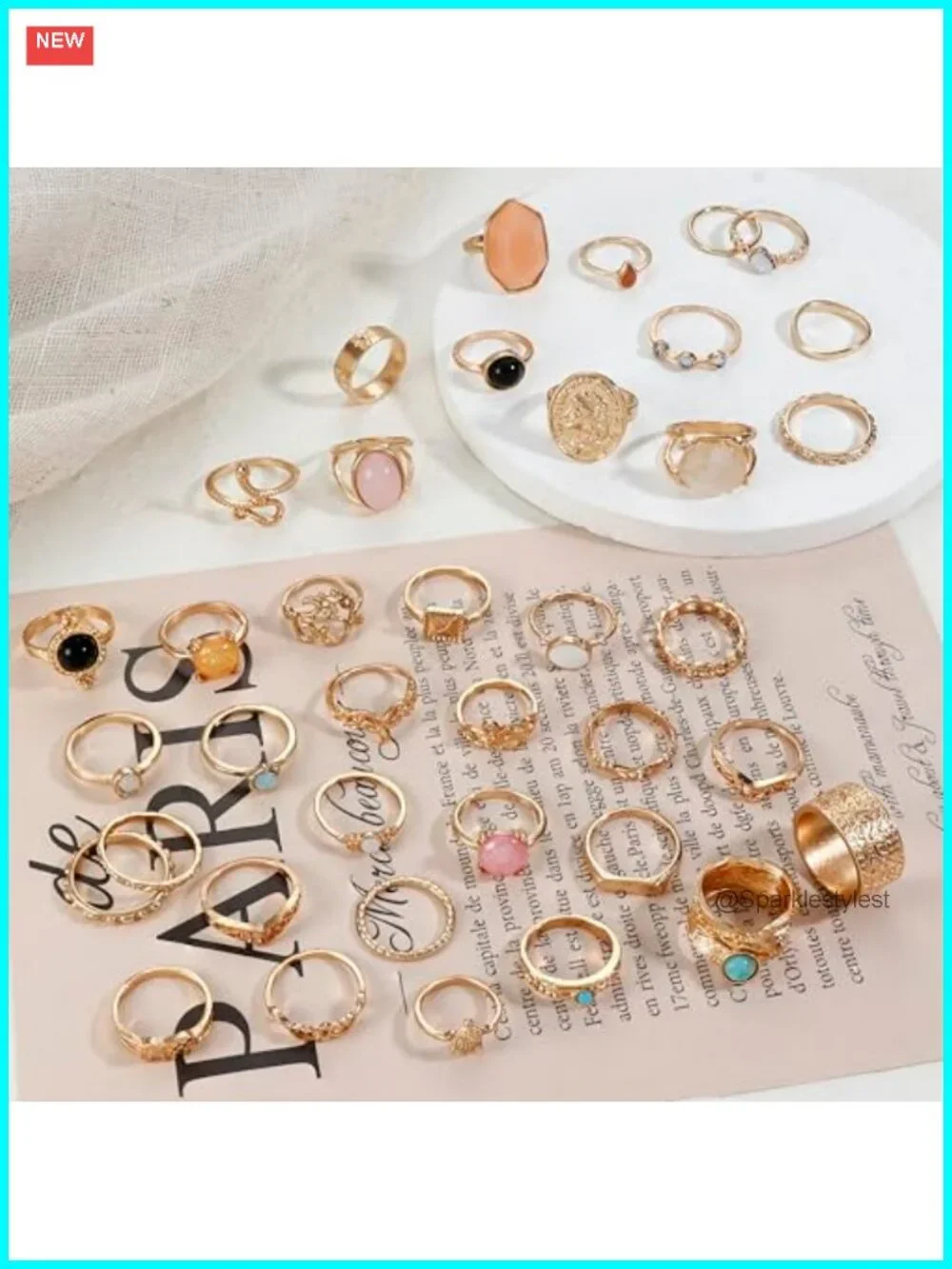 14K Gold Plated 70 Pc Crystal Stacking Knuckle Rings Set Boho Midi Ring Pack